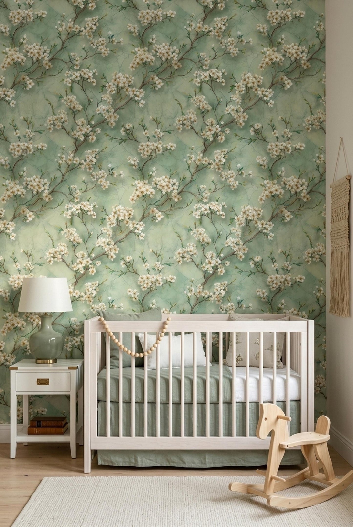 Cherry Blossom Wallpaper Sage Green Floral Pattern Botanical Wall Decor