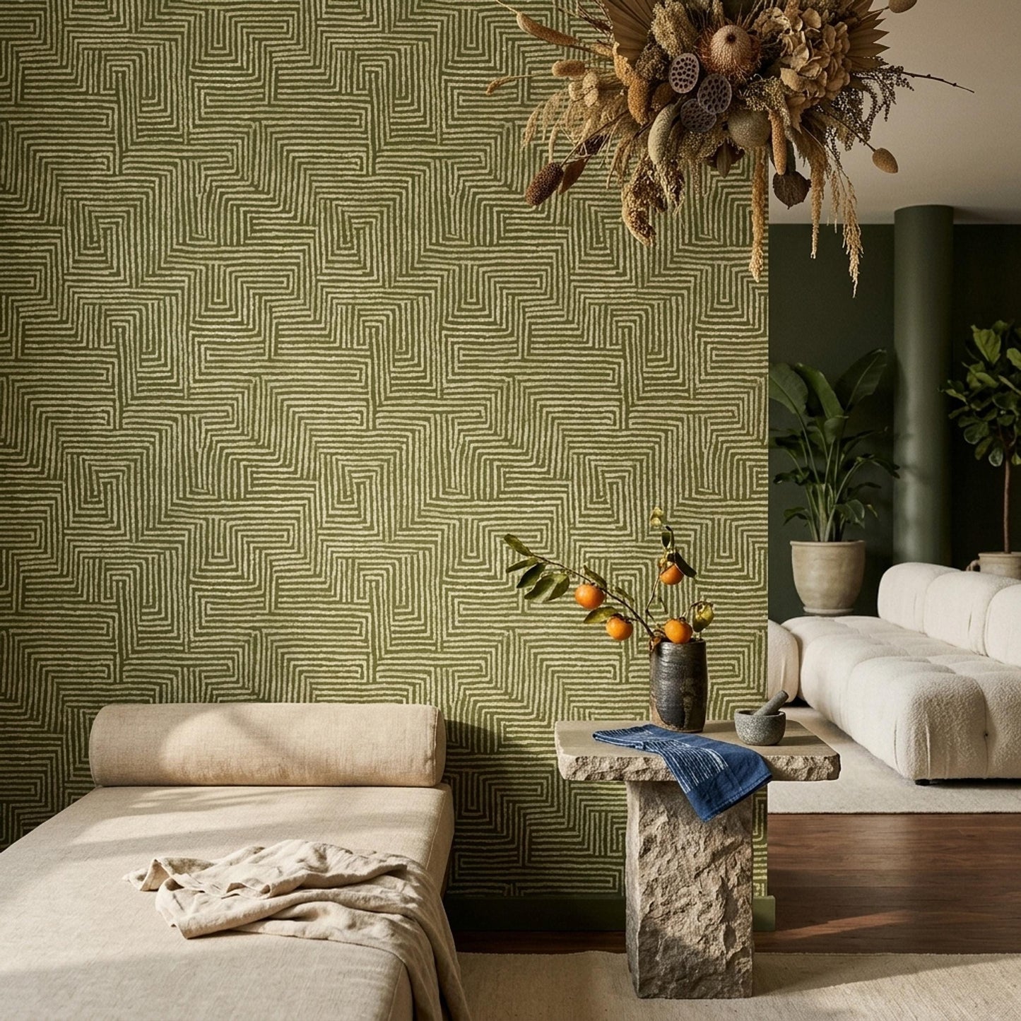 Olive Green Maze Wallpaper Geometric Labyrinth Pattern Modern Organic Wall Decor