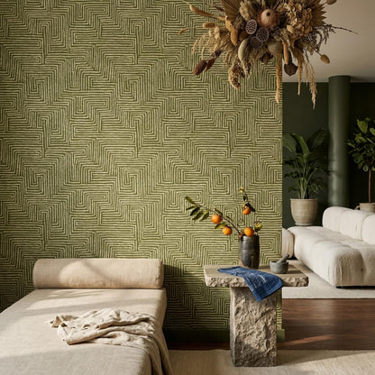 Olive Green Maze Wallpaper Geometric Labyrinth Pattern Modern Organic Wall Decor