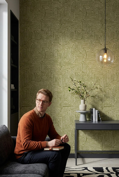Olive Green Maze Wallpaper Geometric Labyrinth Pattern Modern Organic Wall Decor