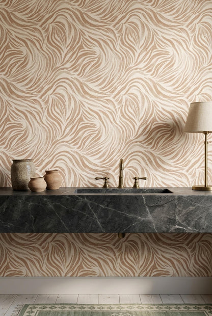 Blush Zebra Wave Wallpaper Organic Stripe Pattern Neutral Designer Wall Decor
