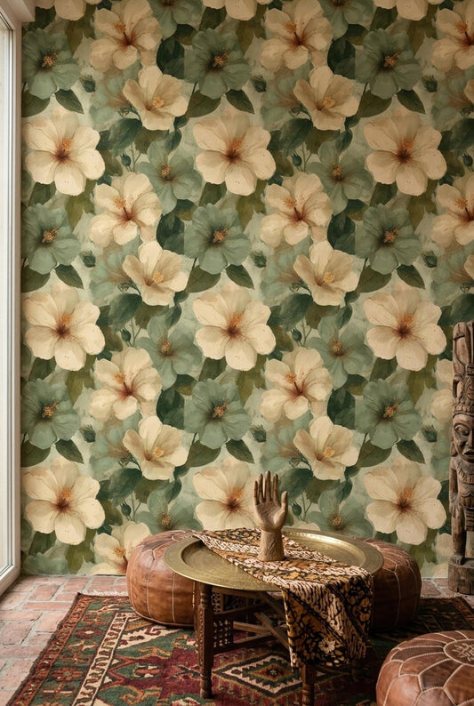 Vintage Floral Wallpaper Sage Green Botanical Cottagecore Garden Decor