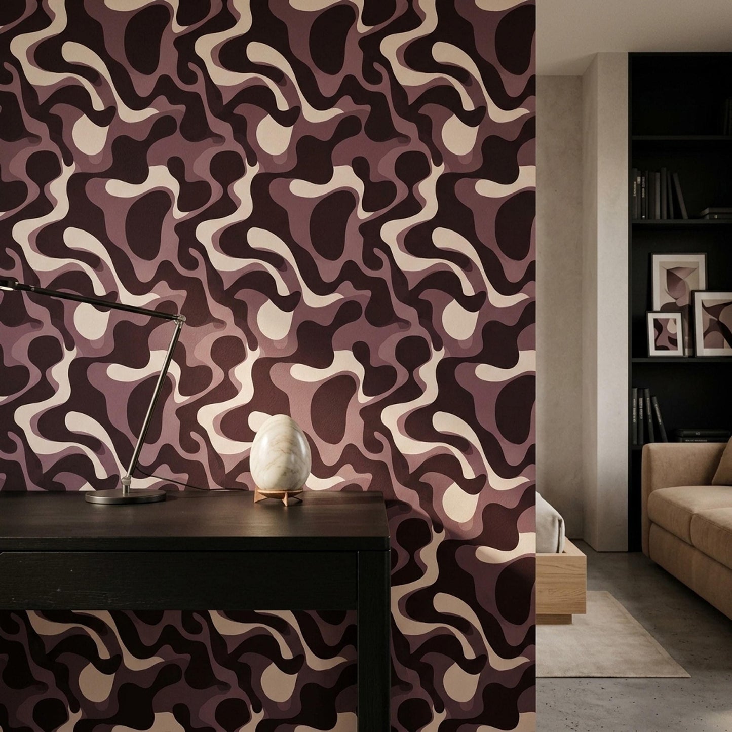 Retro Abstract Wallpaper Mauve Brown Organic Shapes Mid Century Modern Decor