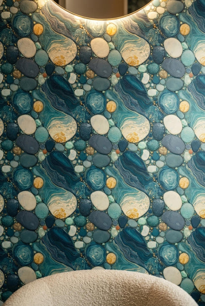 Blue Agate Wallpaper Coastal Geode Stone Pattern Luxury Ocean Inspired Decor