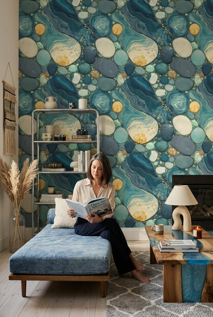 Blue Agate Wallpaper Coastal Geode Stone Pattern Luxury Ocean Inspired Decor