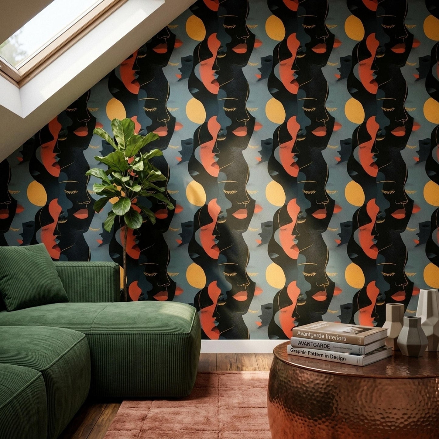 Abstract Faces Wallpaper Mid Century Modern Art Deco Portrait Pattern Decor