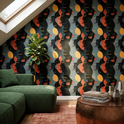Abstract Faces Wallpaper Mid Century Modern Art Deco Portrait Pattern Decor