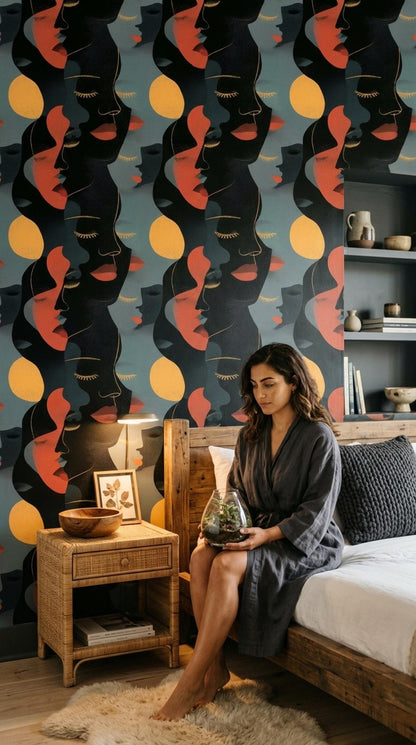 Abstract Faces Wallpaper Mid Century Modern Art Deco Portrait Pattern Decor