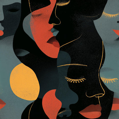 Abstract Faces Wallpaper Mid Century Modern Art Deco Portrait Pattern Decor