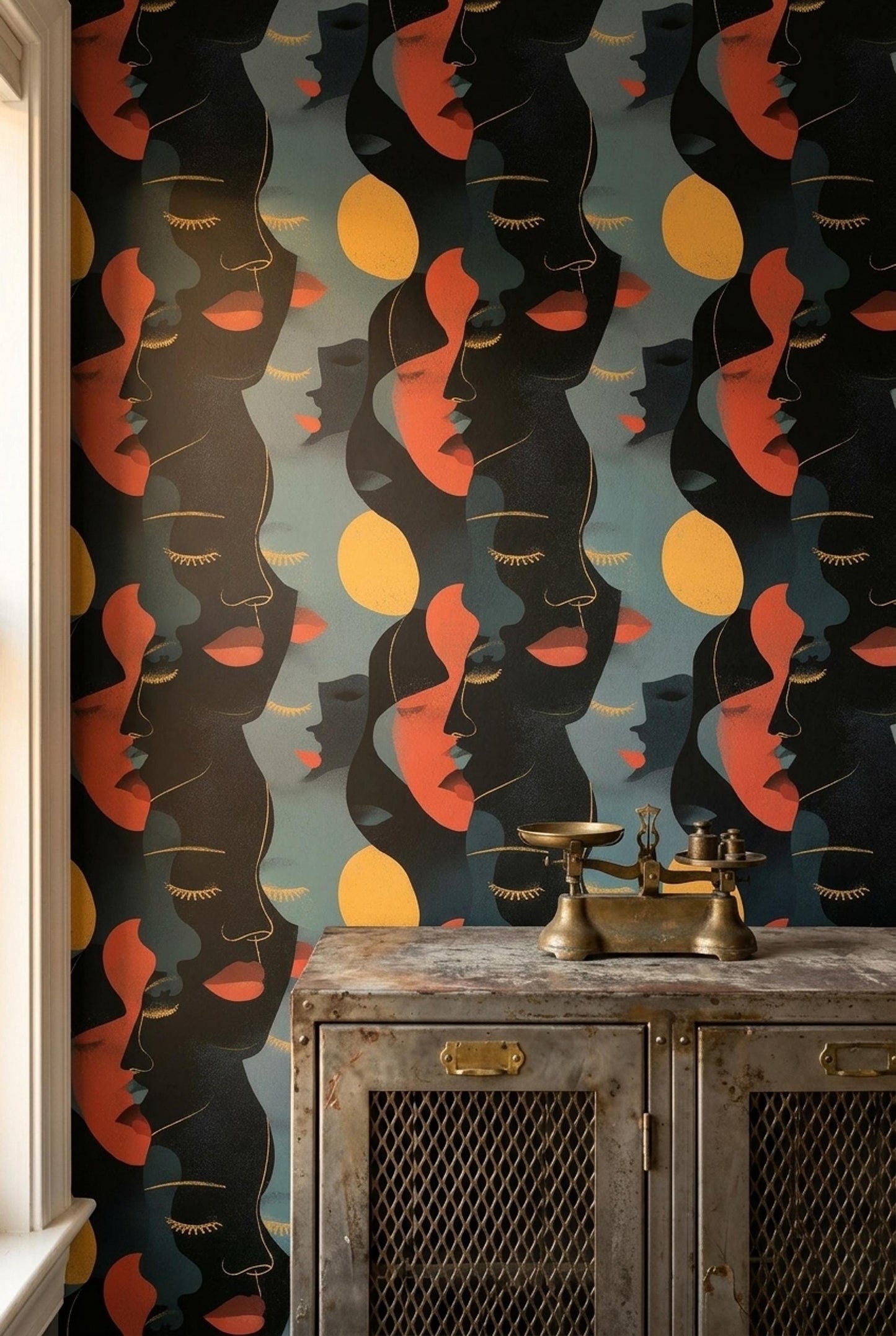Abstract Faces Wallpaper Mid Century Modern Art Deco Portrait Pattern Decor