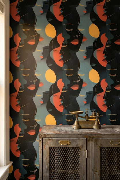 Abstract Faces Wallpaper Mid Century Modern Art Deco Portrait Pattern Decor