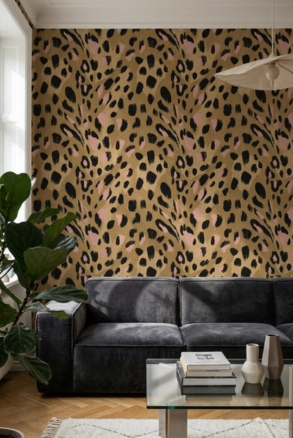 Blush Leopard Print Wallpaper Chic Animal Pattern Pink Beige Glam Accent Wall Decor
