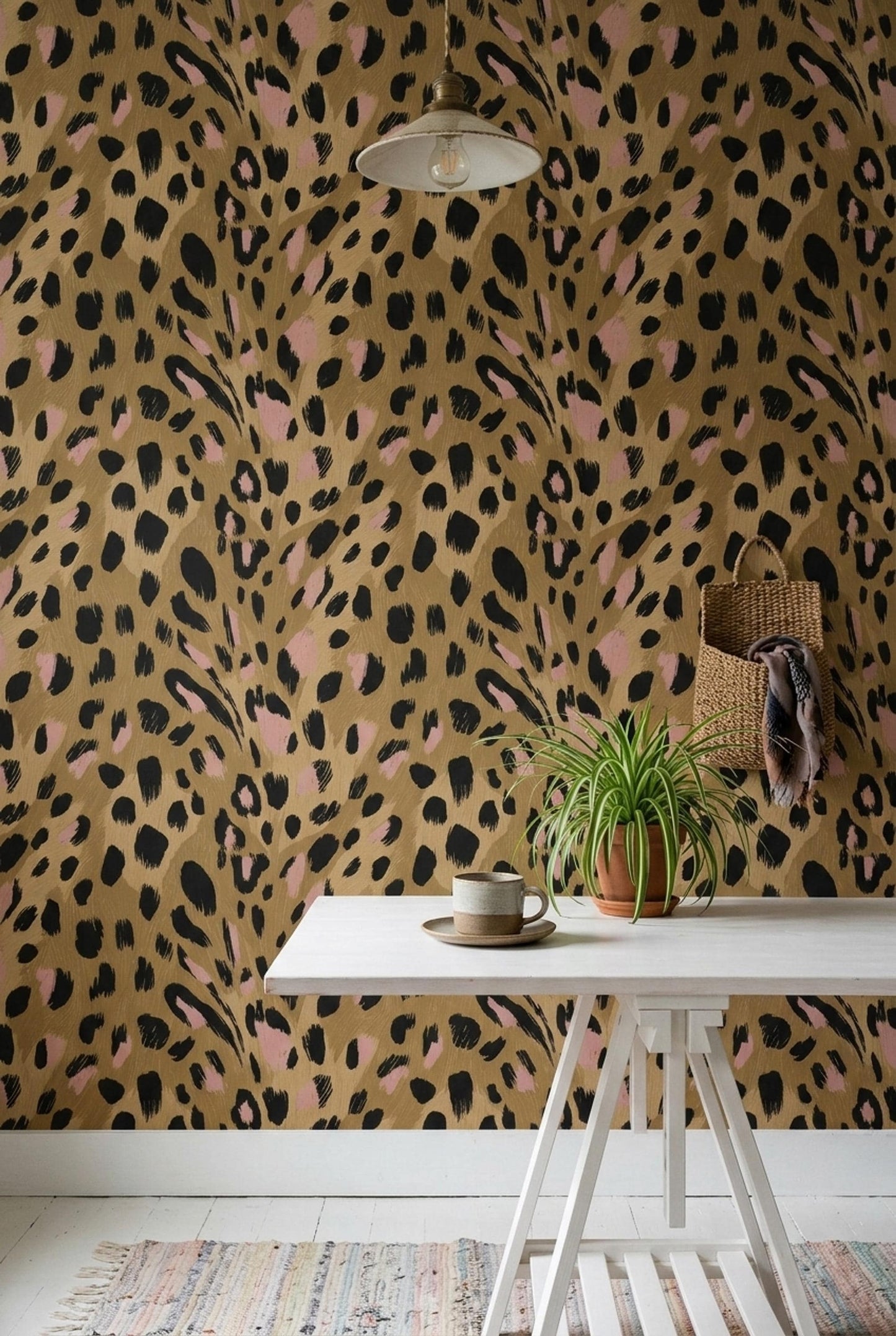 Blush Leopard Print Wallpaper Chic Animal Pattern Pink Beige Glam Accent Wall Decor
