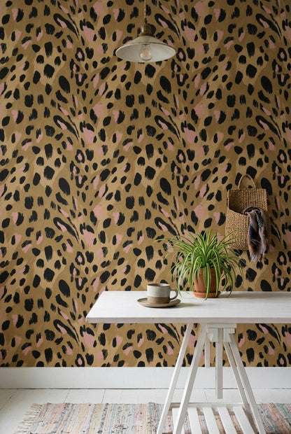 Blush Leopard Print Wallpaper Chic Animal Pattern Pink Beige Glam Accent Wall Decor
