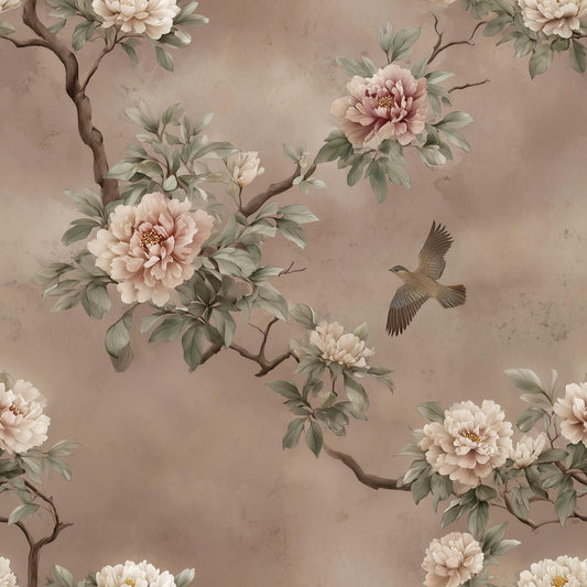 Vintage Chinoiserie Peony Wallpaper Neutral Floral Bird Wallpaper French Country Wall Decor