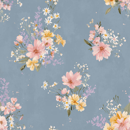 Dusty Blue Cottagecore Wallpaper Vintage Wildflower Nursery Wallpaper Soft Botanical Decor