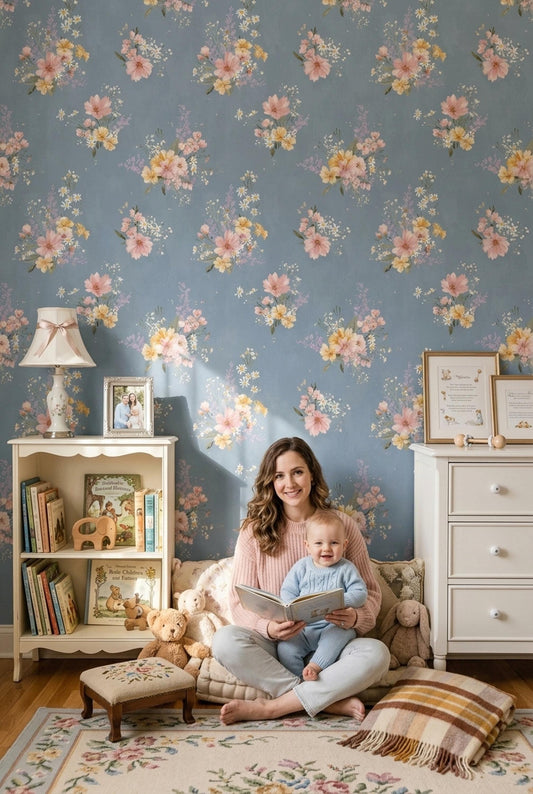 Dusty Blue Cottagecore Wallpaper Vintage Wildflower Nursery Wallpaper Soft Botanical Decor