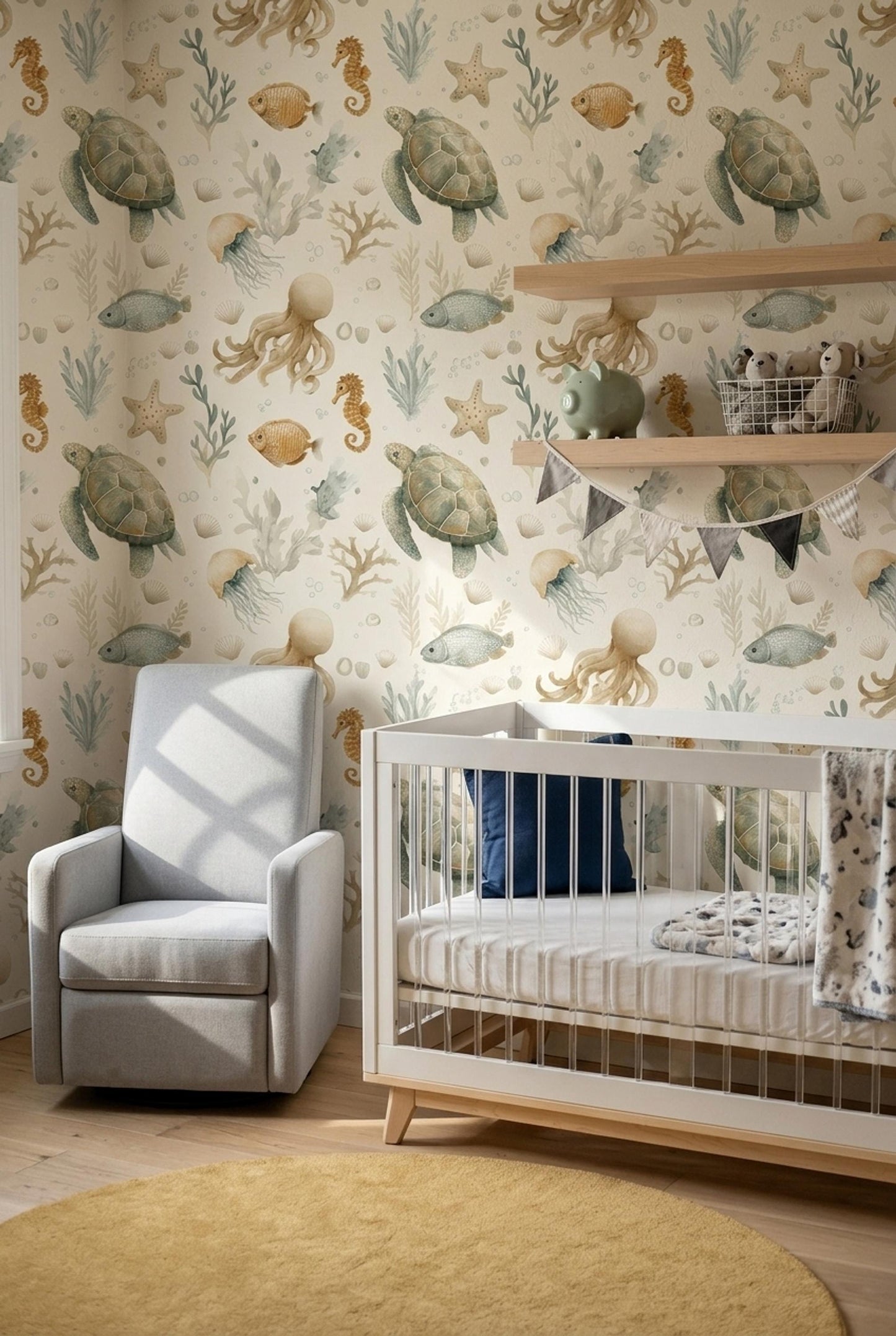 Ocean Nursery Wallpaper Sea Turtle Wallpaper Coastal Baby Room Marine Life Decor