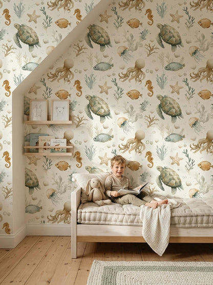Ocean Nursery Wallpaper Sea Turtle Wallpaper Coastal Baby Room Marine Life Decor