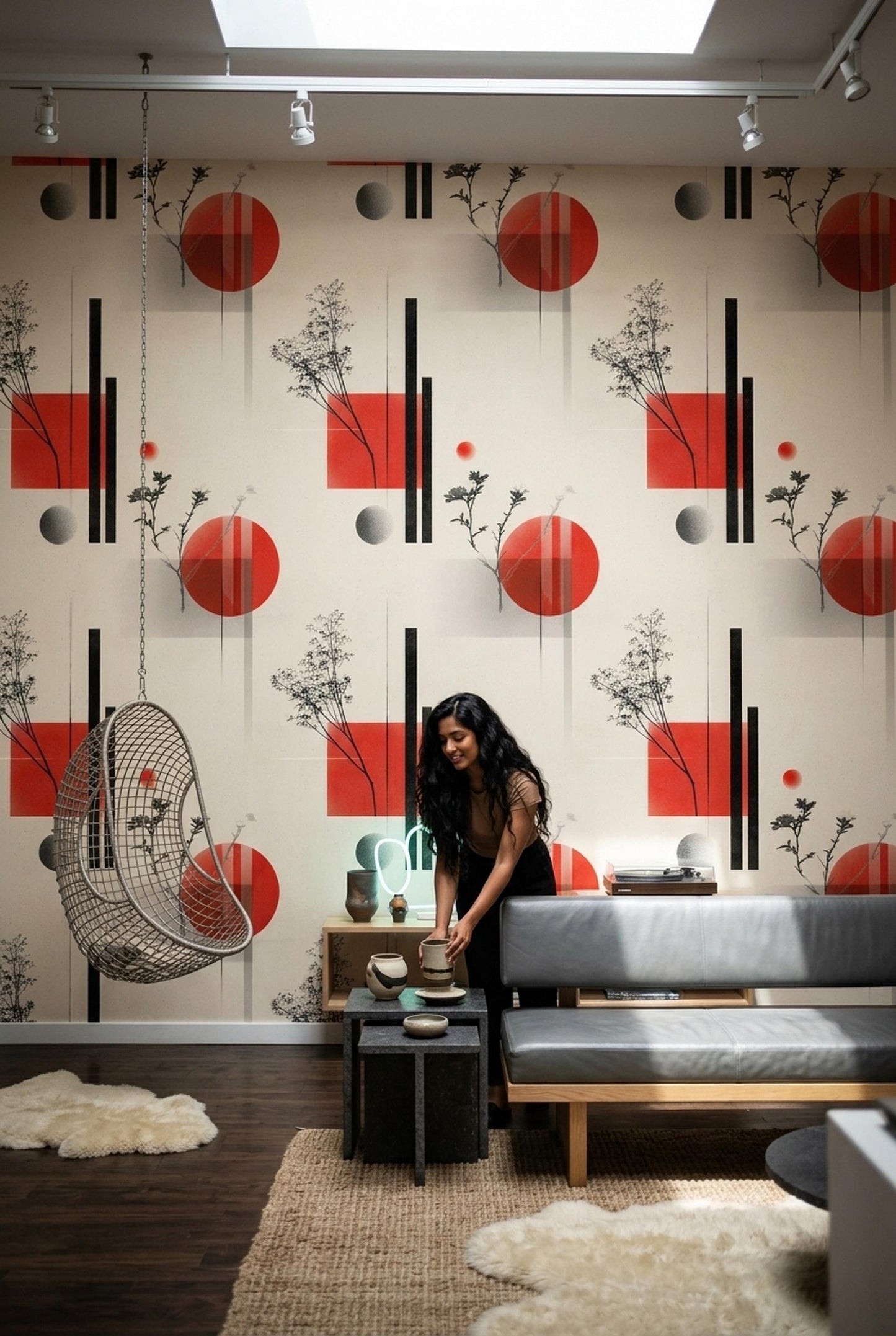 Japandi Abstract Wallpaper Mid Century Modern Wallpaper Geometric Botanical Wall Decor