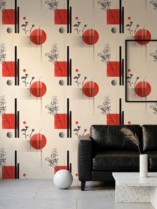 Japandi Abstract Wallpaper Mid Century Modern Wallpaper Geometric Botanical Wall Decor