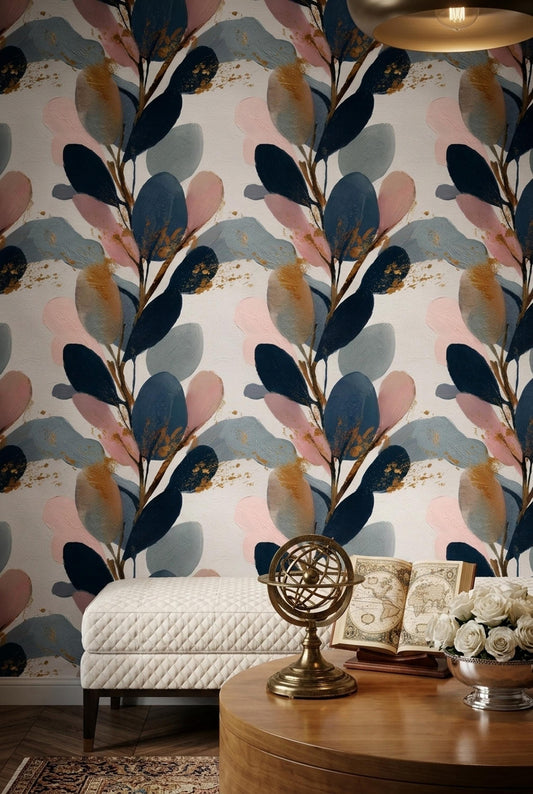 Abstract Botanical Wall Decor Modern Leaf Pattern Navy Blush Japandi Statement Design