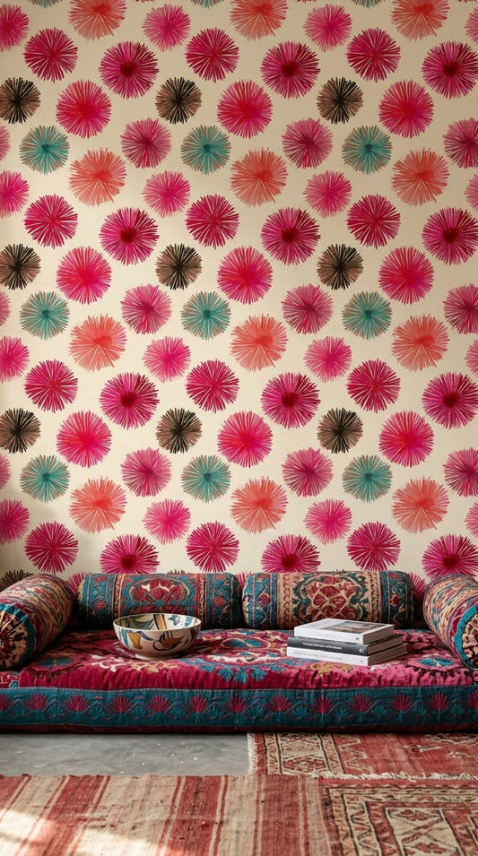 Pink Starburst Wallpaper Colorful Mid Century Pattern Retro Floral Burst Wall Decor