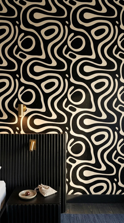 Black Abstract Wallpaper Organic Modern Pattern Retro Powder Room Statement Wall Decor