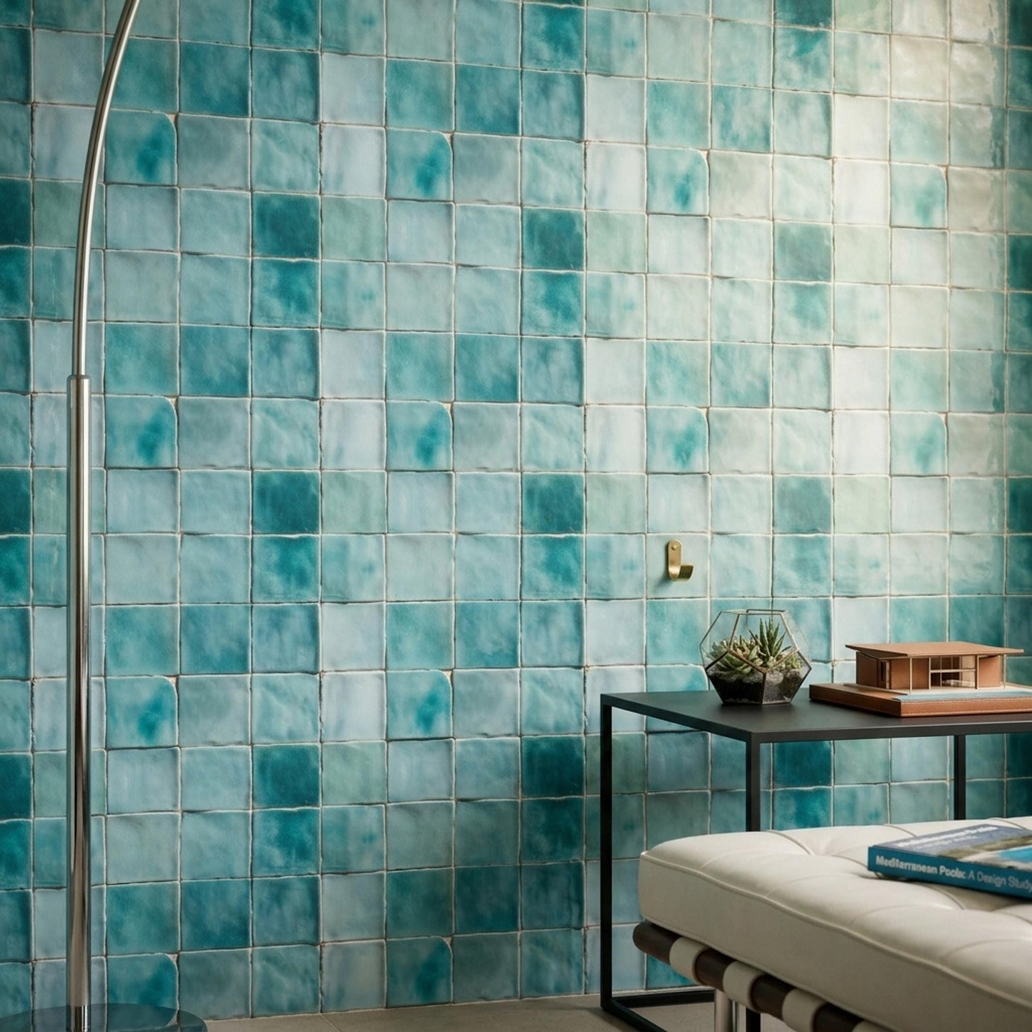 Aqua Ceramic Tile Wallpaper Coastal Mediterranean Wall Decor Blue Spanish Tile Pattern