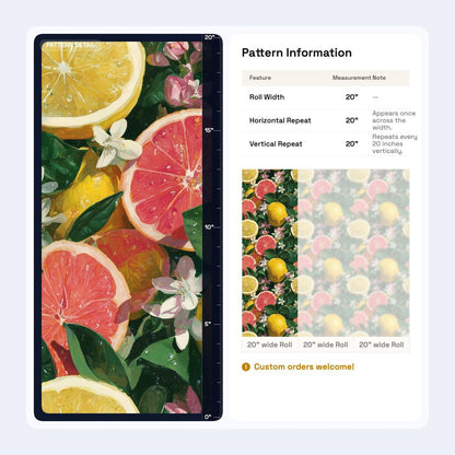Citrus Wallpaper Lemon Grapefruit Pattern Mediterranean Fruit Wall Decor Tropical Botanical