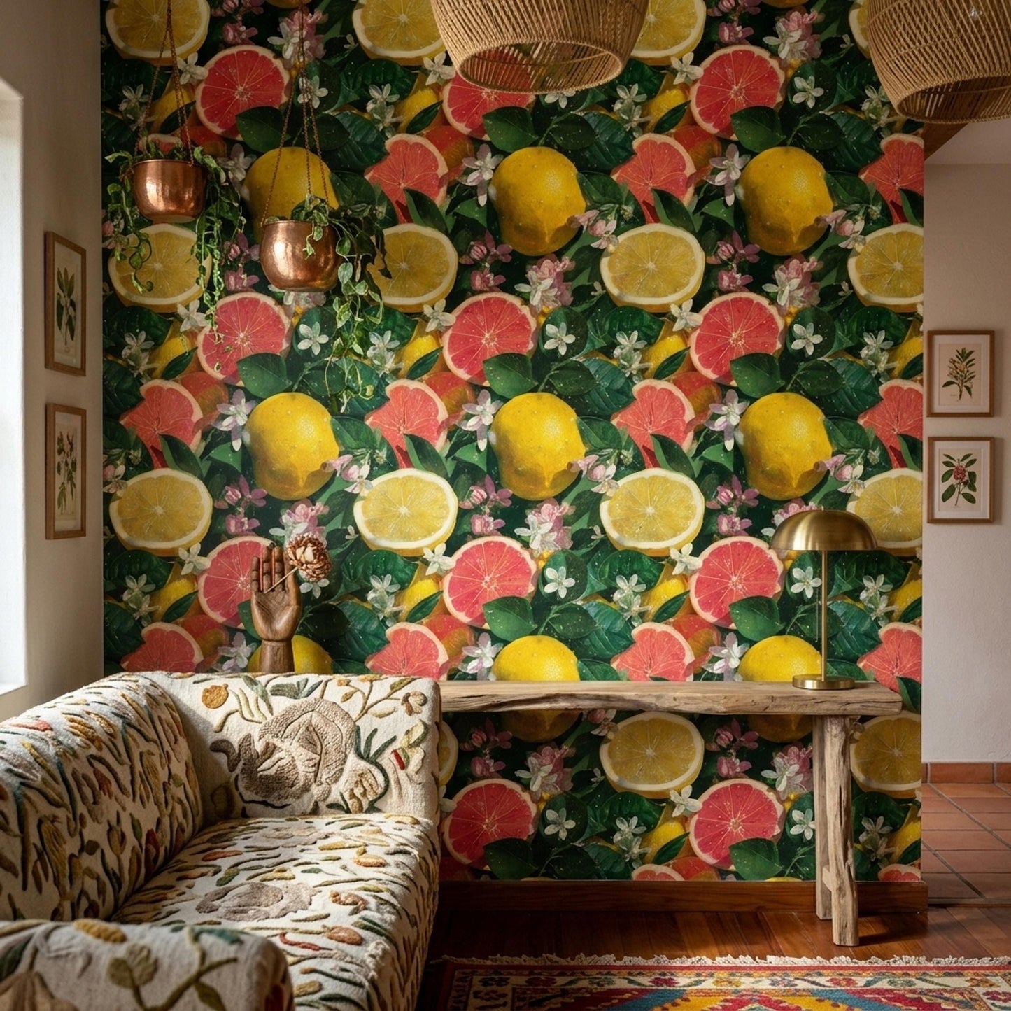Citrus Wallpaper Lemon Grapefruit Pattern Mediterranean Fruit Wall Decor Tropical Botanical