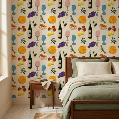 Mediterranean Wine Wallpaper Italian Bistro Pattern Vineyard Fruit Wall Decor