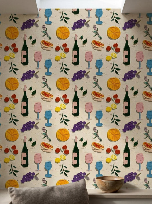 Mediterranean Wine Wallpaper Italian Bistro Pattern Vineyard Fruit Wall Decor