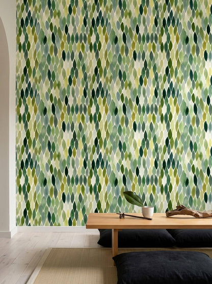 Green Leaf Mosaic Wallpaper Watercolor Geometric Pattern Botanical Wall Decor