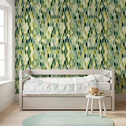 Green Leaf Mosaic Wallpaper Watercolor Geometric Pattern Botanical Wall Decor