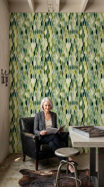 Green Leaf Mosaic Wallpaper Watercolor Geometric Pattern Botanical Wall Decor