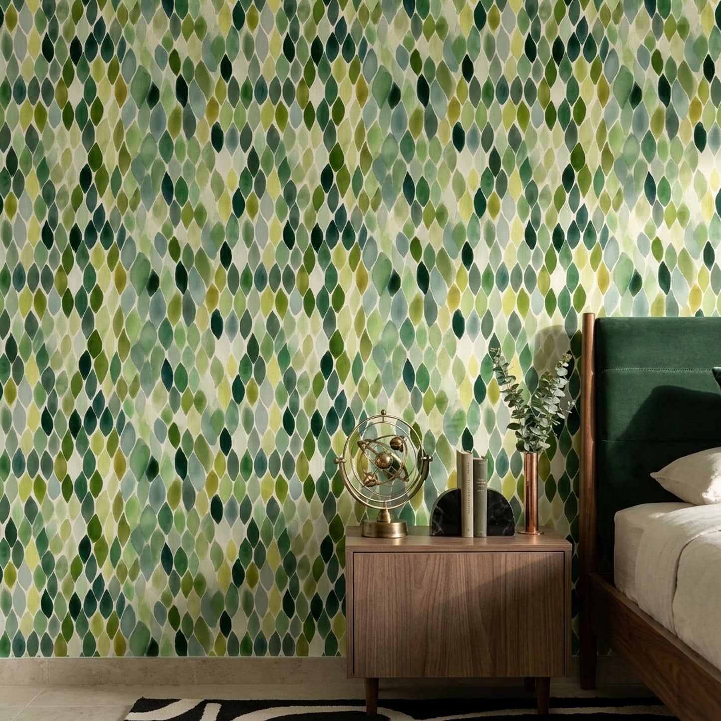 Green Leaf Mosaic Wallpaper Watercolor Geometric Pattern Botanical Wall Decor