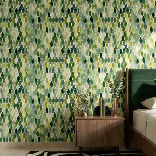 Green Leaf Mosaic Wallpaper Watercolor Geometric Pattern Botanical Wall Decor