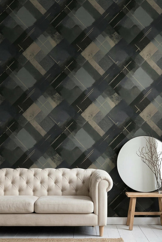 Dark Geometric Wallpaper Industrial Abstract Plaid Pattern Modern Masculine Wall Decor