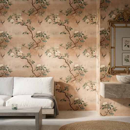 Vintage Botanical Wallpaper Blush Floral Bird Pattern Cottagecore Wall Decor