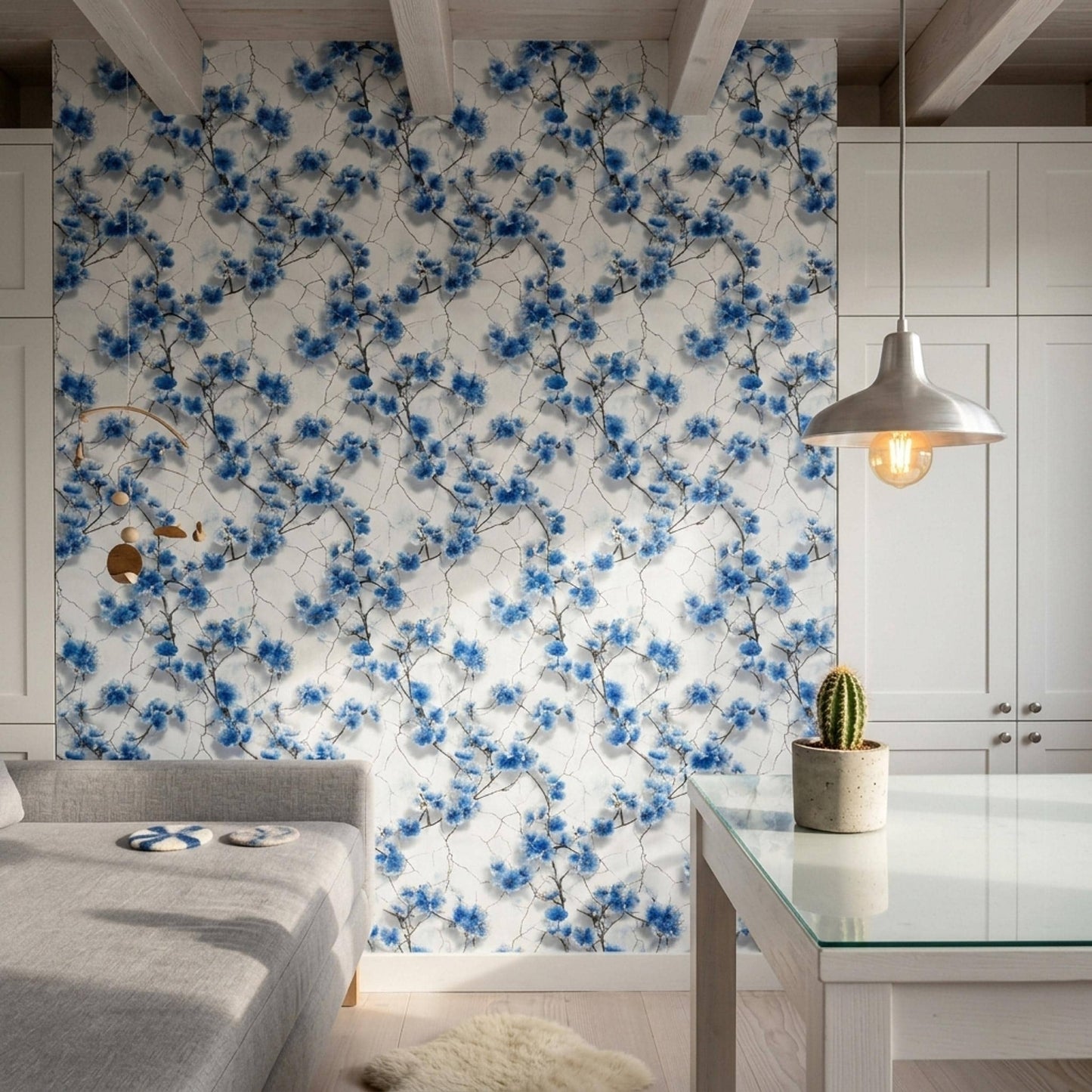 Blue Cherry Blossom Wallpaper Chinoiserie Floral Pattern Japanese Garden Wall Decor