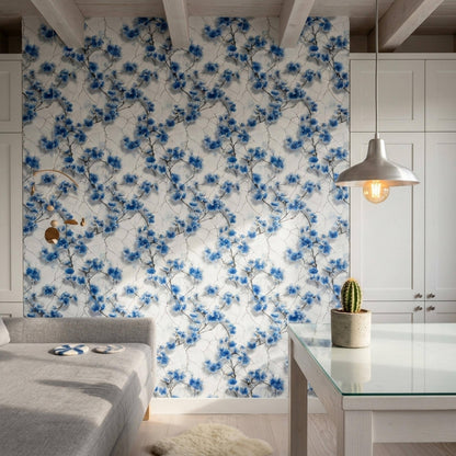 Blue Cherry Blossom Wallpaper Chinoiserie Floral Pattern Japanese Garden Wall Decor