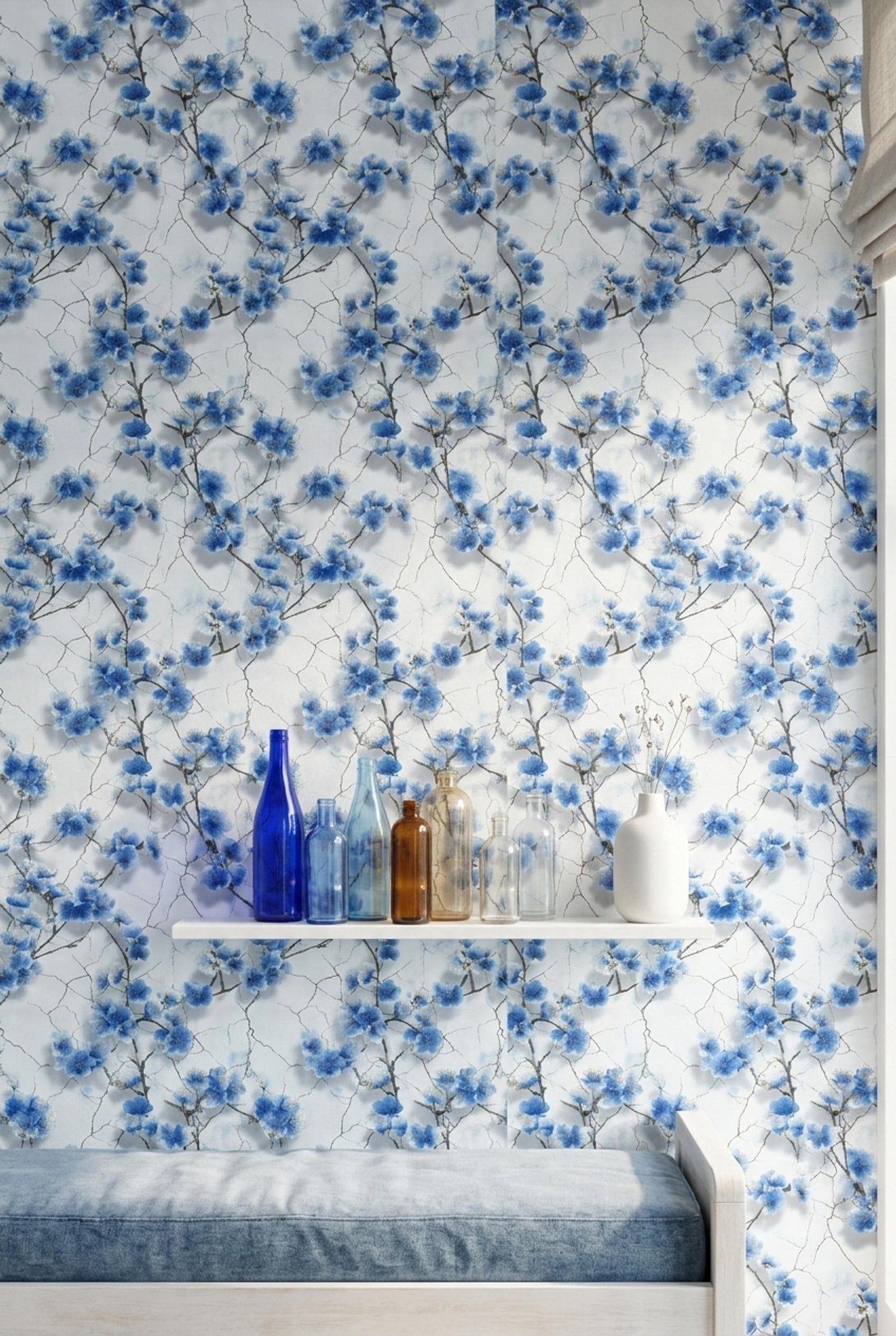 Blue Cherry Blossom Wallpaper Chinoiserie Floral Pattern Japanese Garden Wall Decor