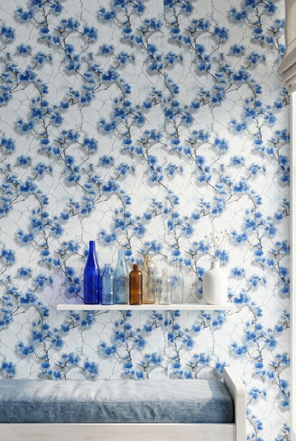 Blue Cherry Blossom Wallpaper Chinoiserie Floral Pattern Japanese Garden Wall Decor