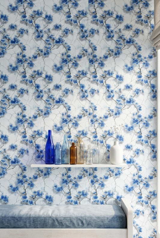 Blue Cherry Blossom Wallpaper Chinoiserie Floral Pattern Japanese Garden Wall Decor