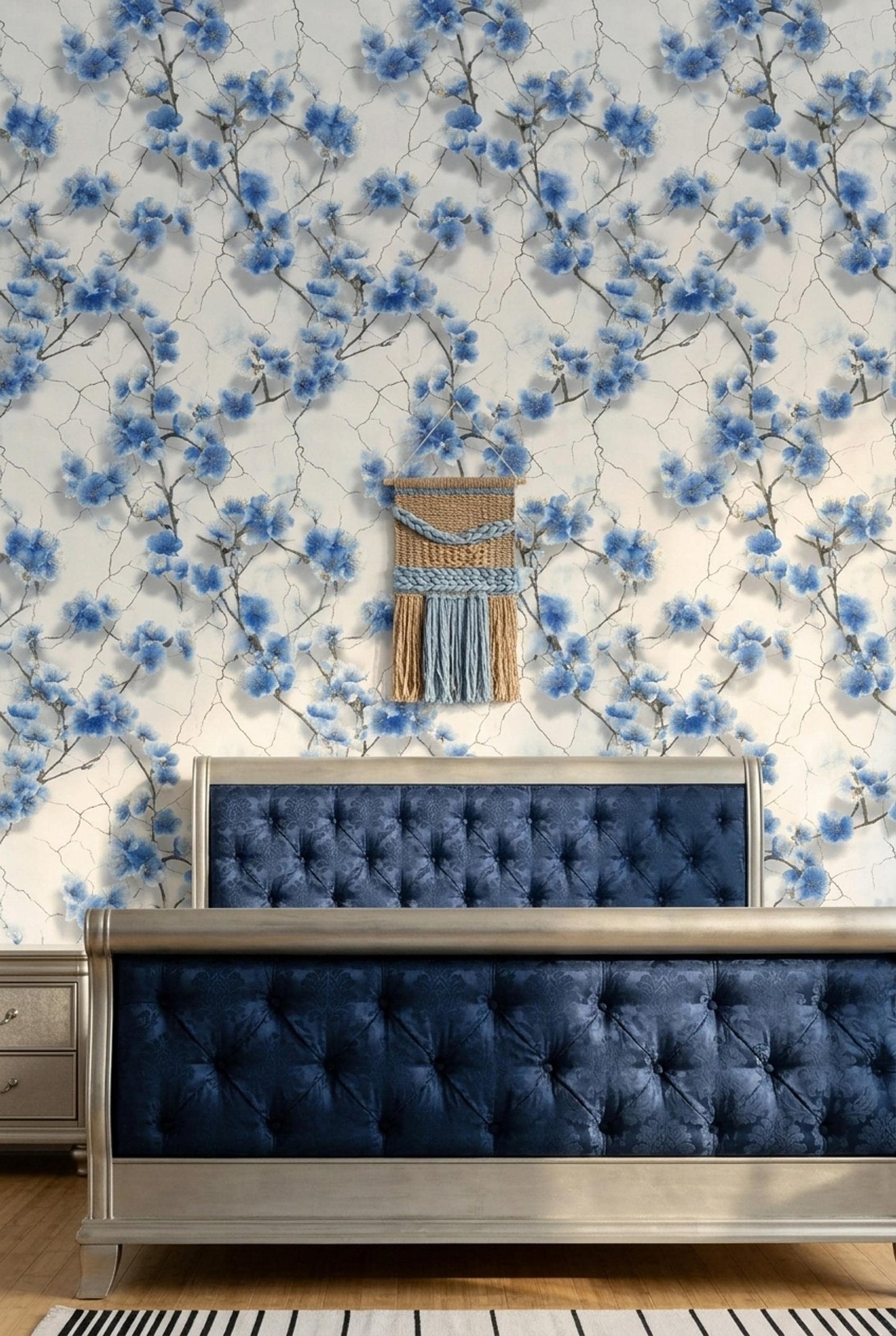 Blue Cherry Blossom Wallpaper Chinoiserie Floral Pattern Japanese Garden Wall Decor