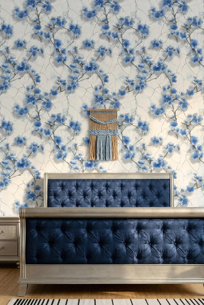 Blue Cherry Blossom Wallpaper Chinoiserie Floral Pattern Japanese Garden Wall Decor