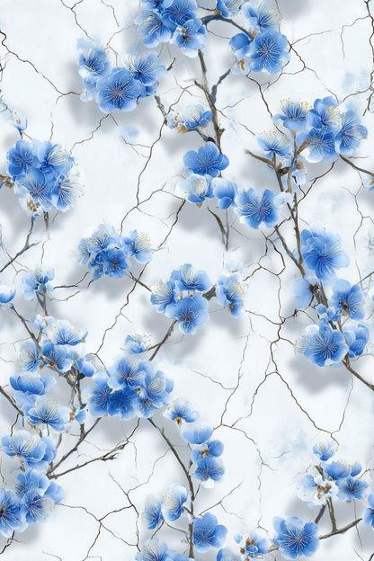 Blue Cherry Blossom Wallpaper Chinoiserie Floral Pattern Japanese Garden Wall Decor
