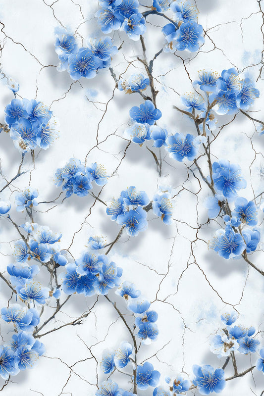 Blue Cherry Blossom Wallpaper Chinoiserie Floral Pattern Japanese Garden Wall Decor