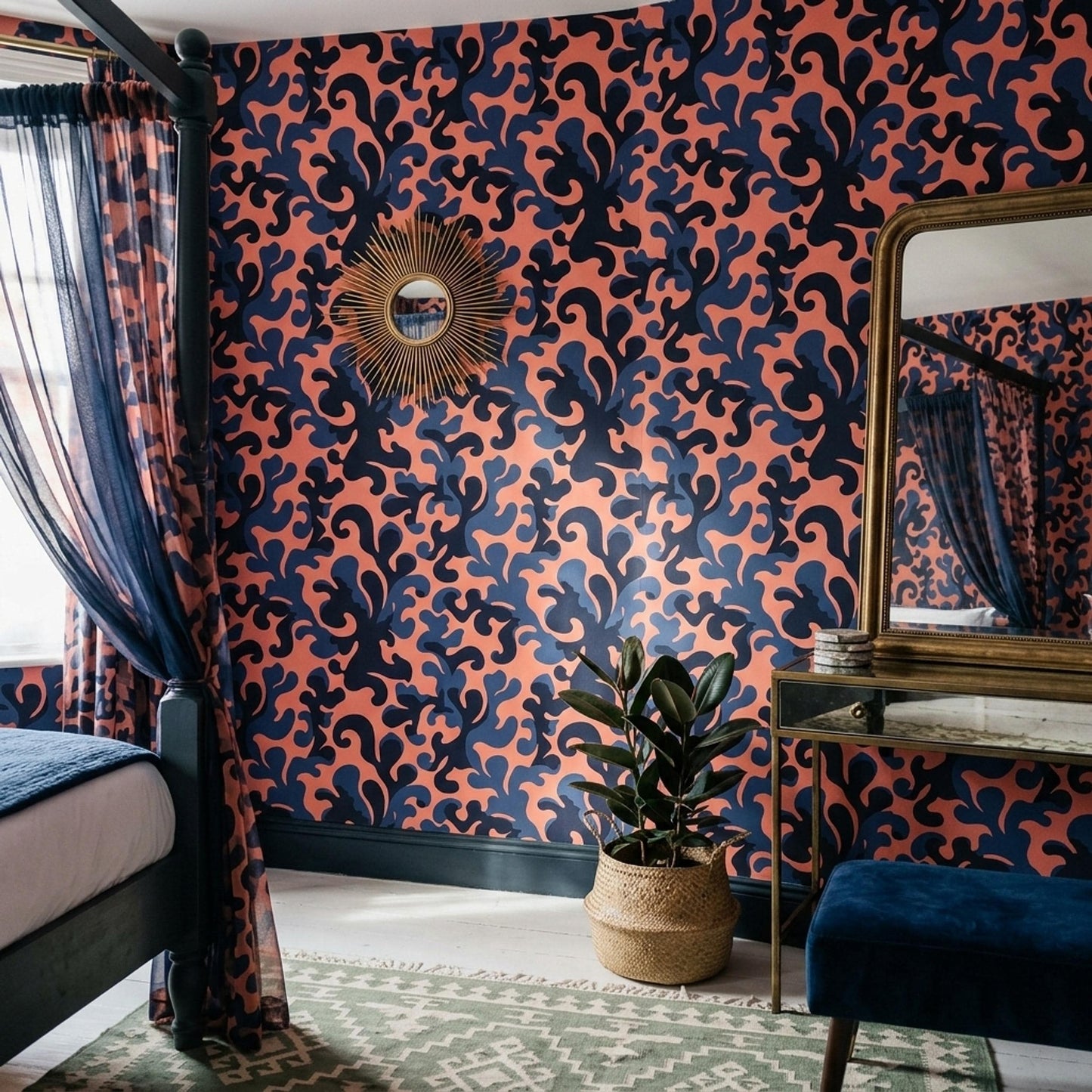 Navy Coral Abstract Wallpaper Bold Maximalist Pattern Retro Luxury Wall Decor